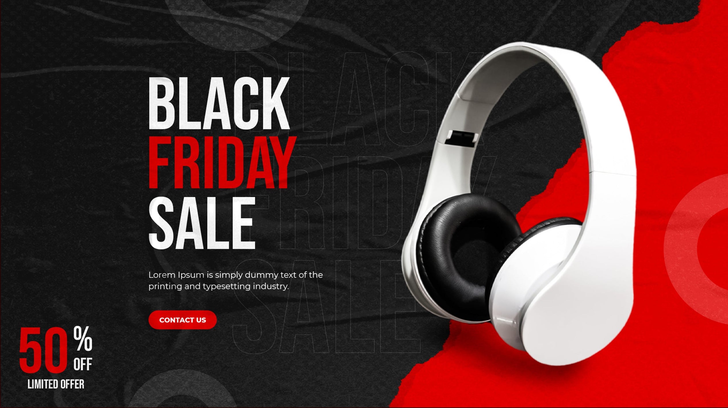 Black Friday sale advertisement with headphones on a red and black background