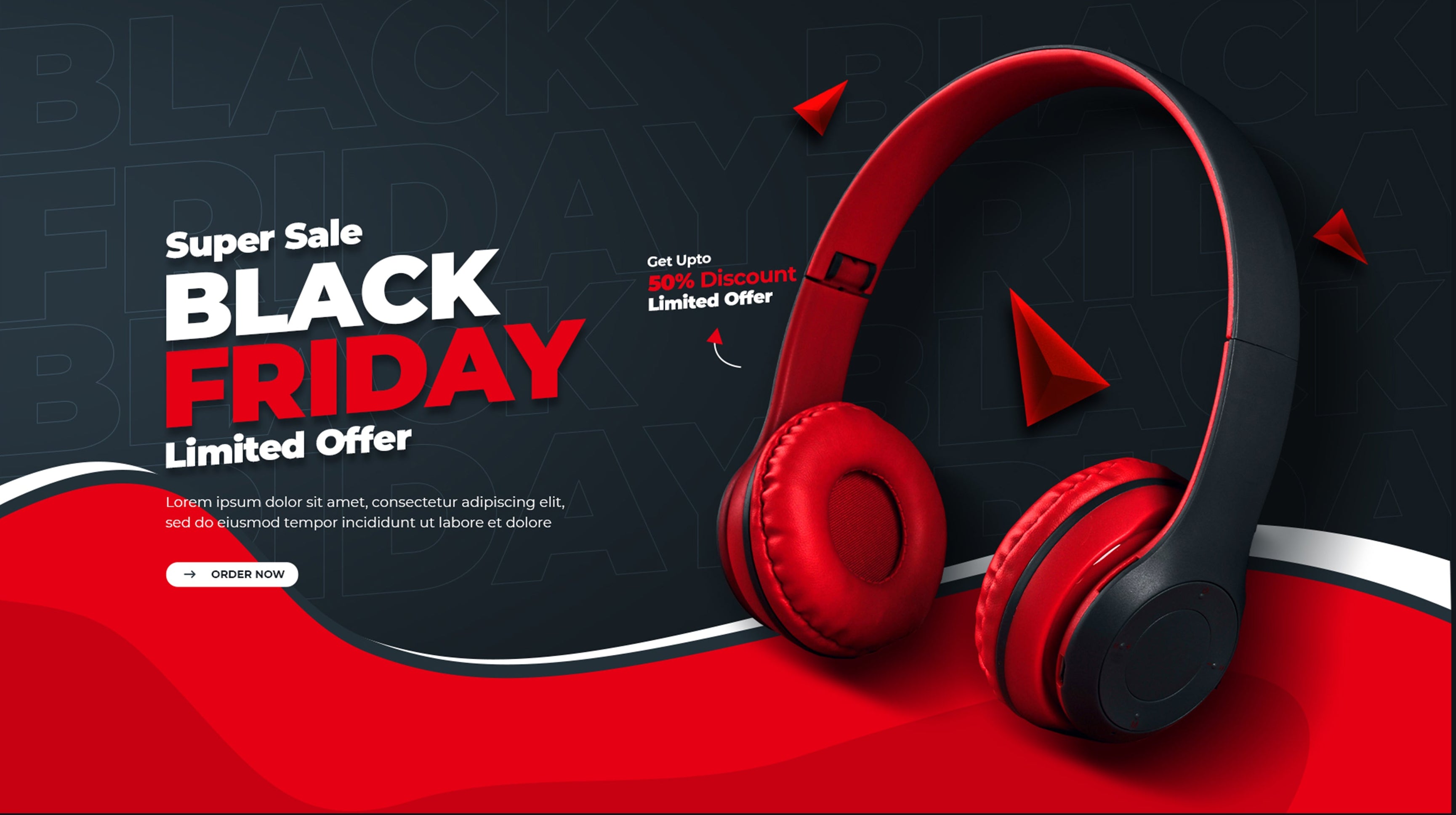 Red and black headphones on a black background with Black Friday sale text.